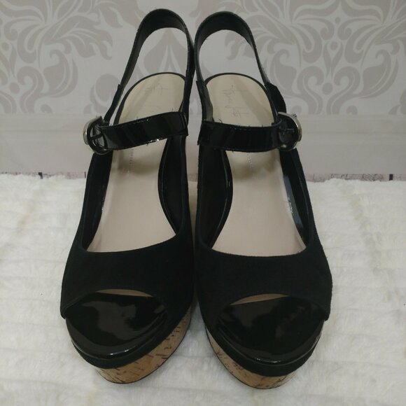 Y2K Franco Sarto Roxanne Peep Toe Wedge Heels US 10 Black Suede - Picture 3 of 12